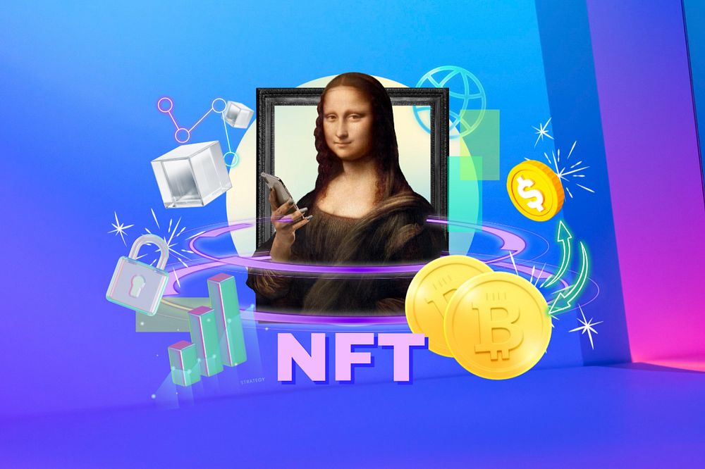 NFT word, Mona Lisa, finance remix in editable neon design. Remixed by rawpixel.