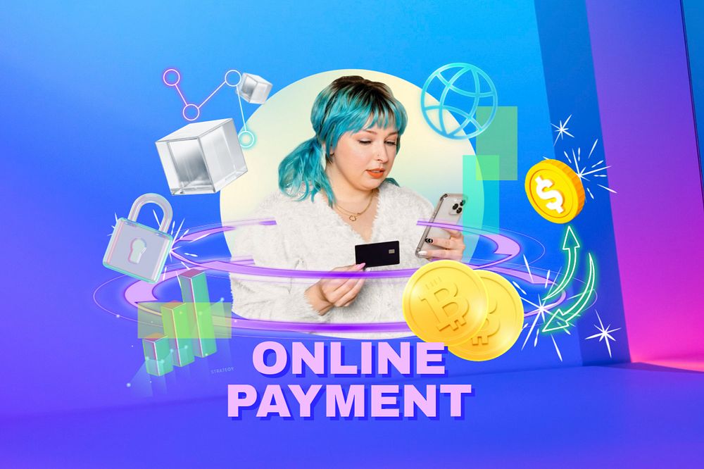 Online payment word, digital remix in neon, editable design