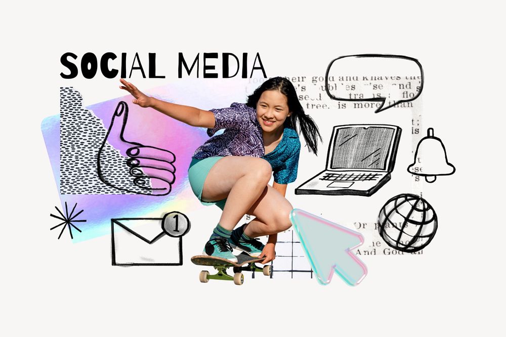 Social media word, skater girl, digital doodle remix, editable design