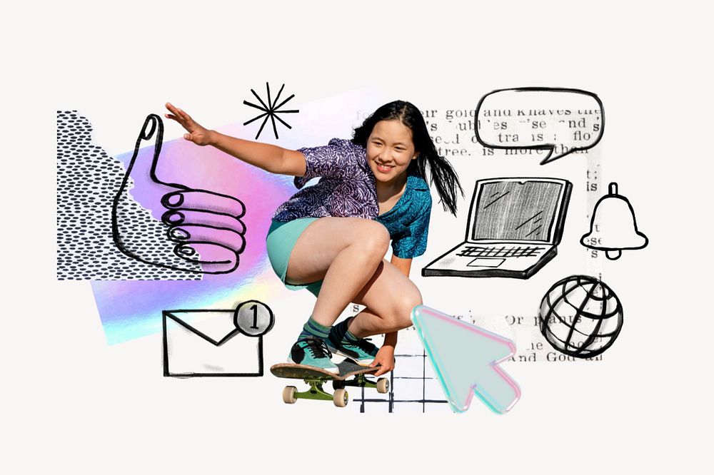 Social media doodle, girl skating remix, editable design