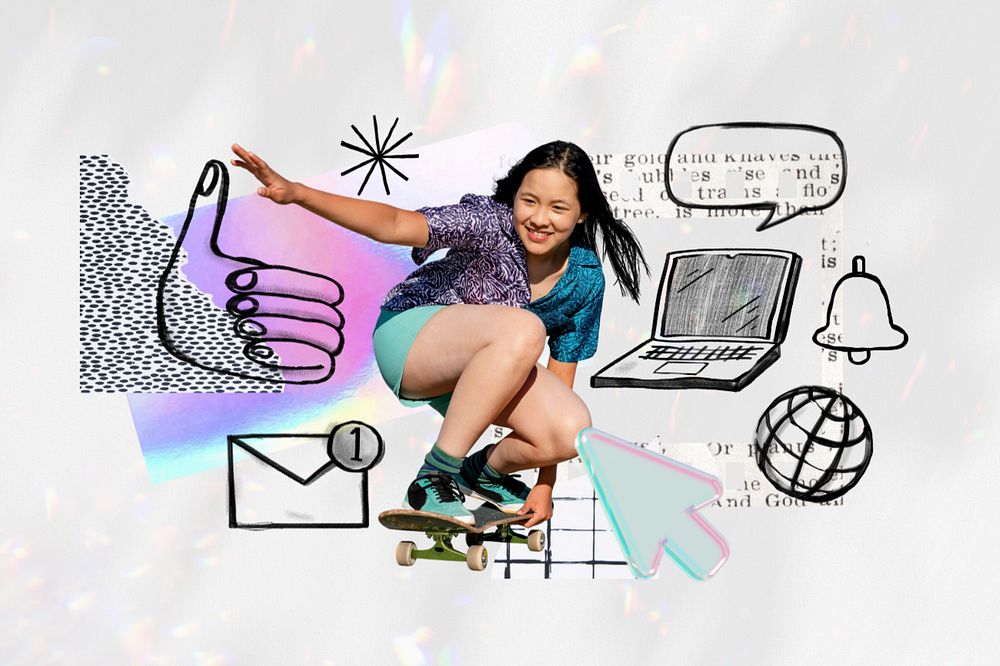 Social media doodle, girl skating remix, editable design