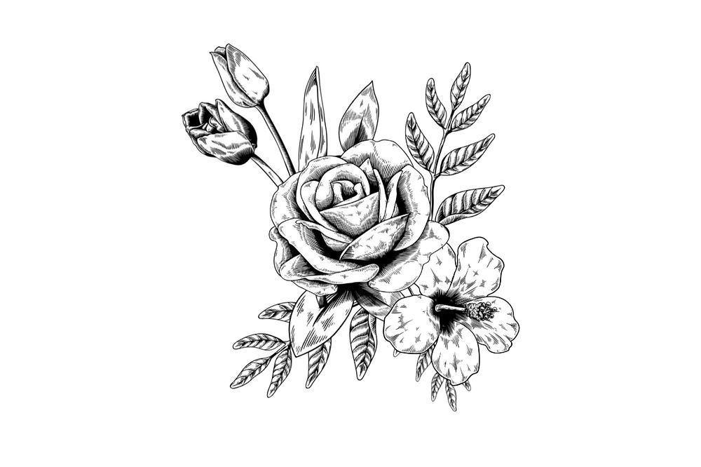 Vintage rose flower png element, black & white illustration, editable design