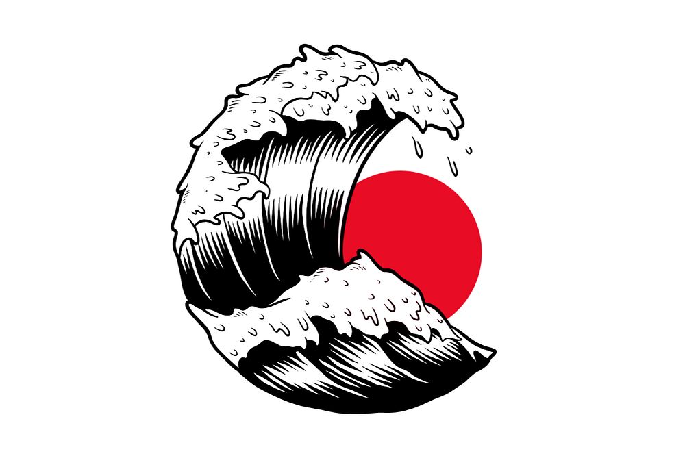 Japanese wave, black & white illustration, editable design