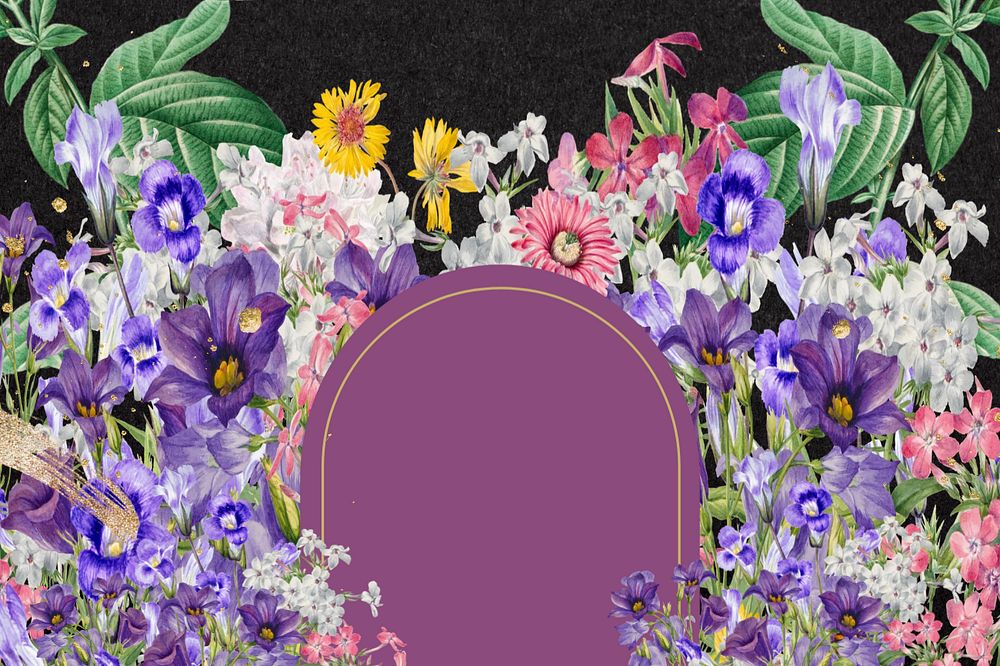 Purple flower field frame, arch shape, editable design