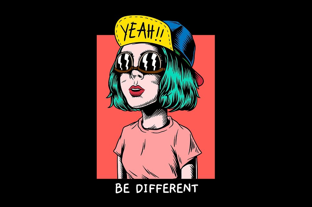 Be different text, retro cool girl illustration, editable design