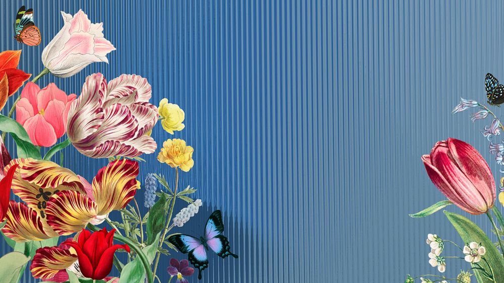 Colorful exotic flowers HD wallpaper, blue striped background, editable design