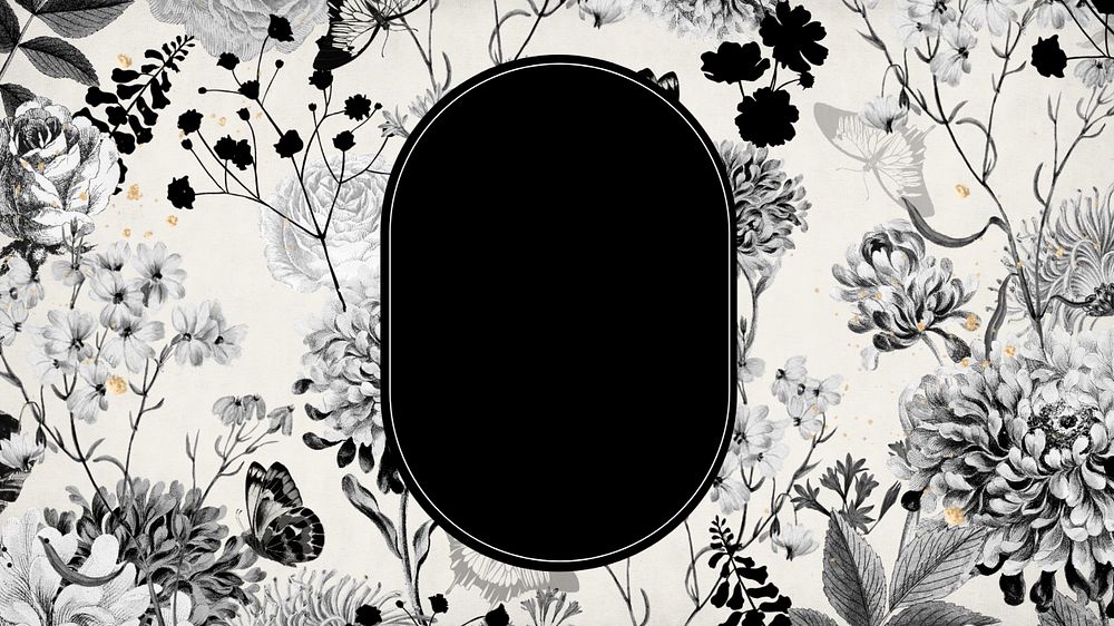 Aesthetic botanical frame desktop wallpaper, black and white background, editable design