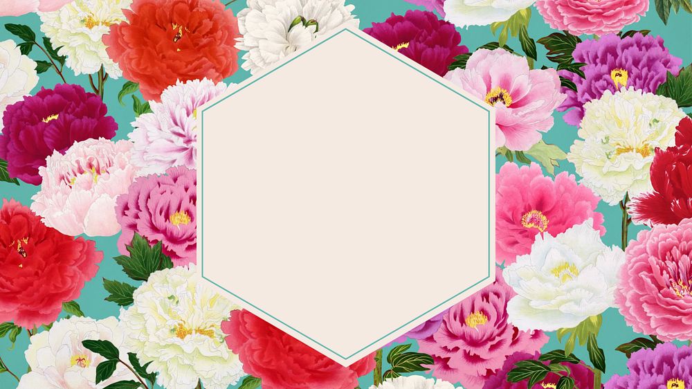 Colorful carnation flowers desktop wallpaper, geometric frame background, editable design