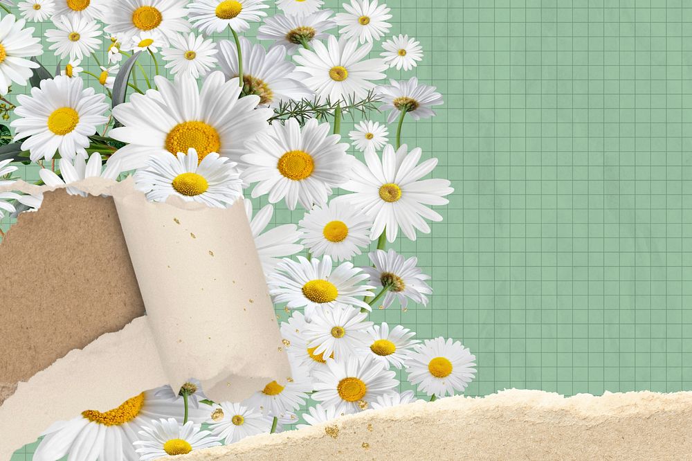 Ripped paper daisy background, grid patterned design, editable design