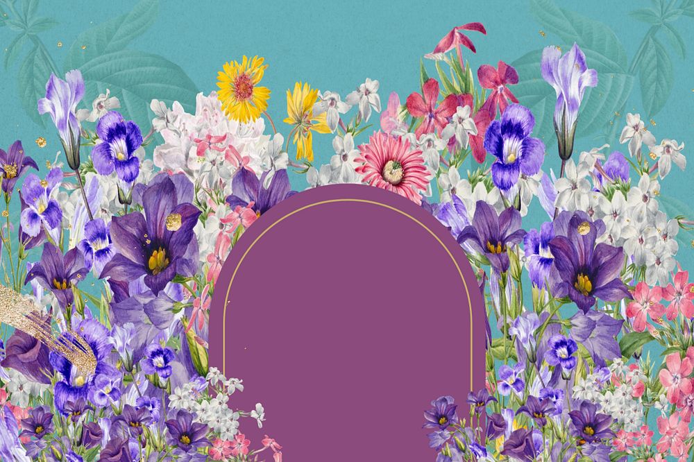 Purple flower field frame, arch shape, editable design