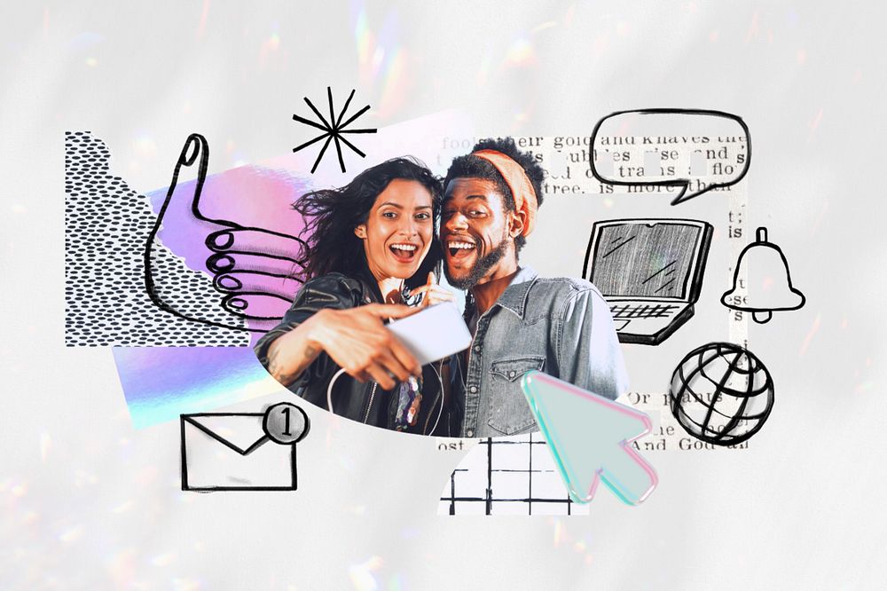 Couple taking selfie, social media doodle remix, editable design