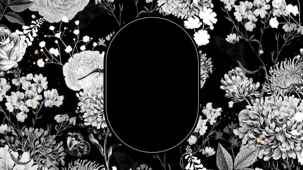 Aesthetic botanical frame desktop wallpaper, black and white background, editable design