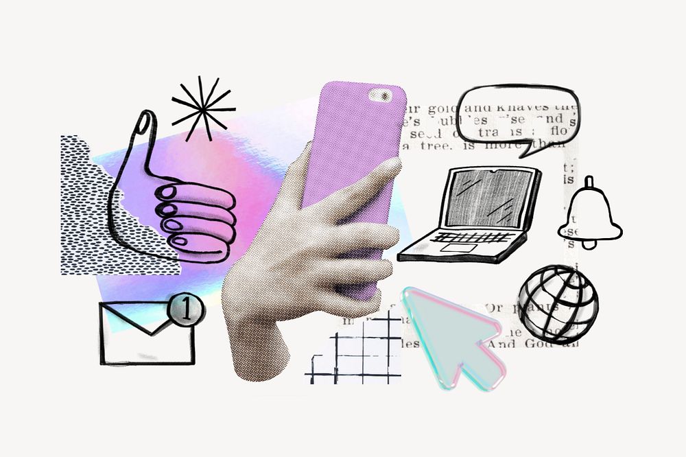 Hand holding smartphone, social media doodle remix, editable design