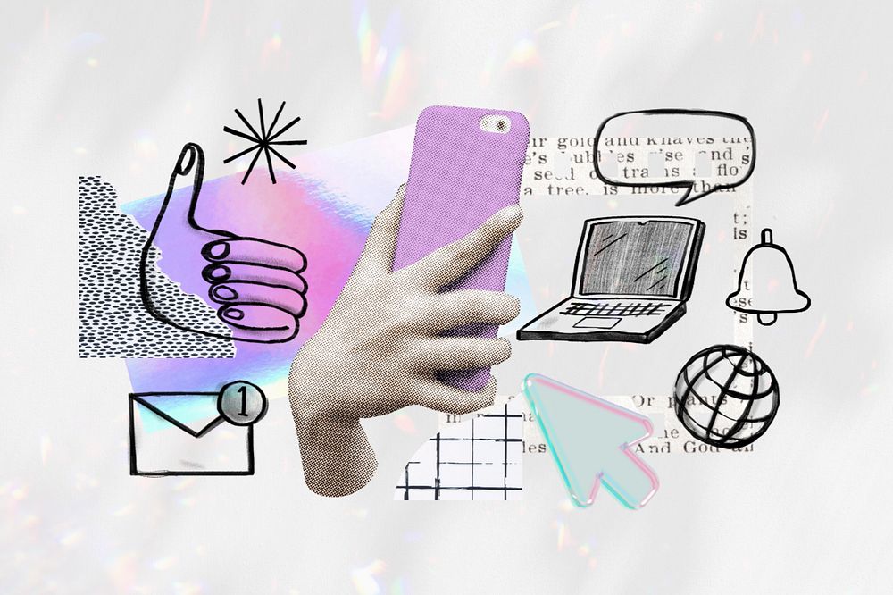 Hand holding smartphone, social media doodle remix, editable design