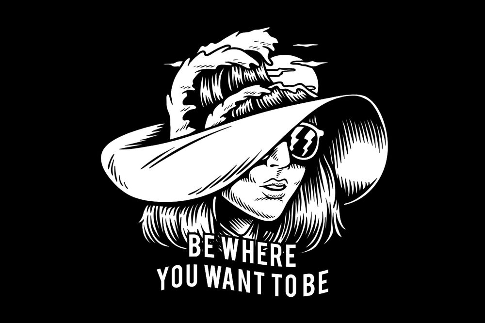 Be where you want to be text, retro fashionable girl illustration, editable design