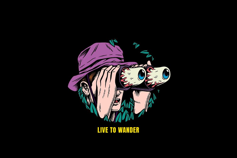 Man with binoculars illustration, live to wander text, editable design