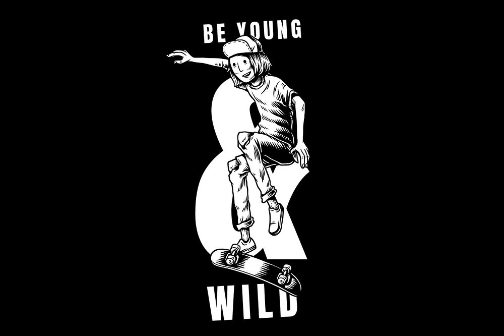 Be young & wild text, retro man skateboarding illustration, editable design