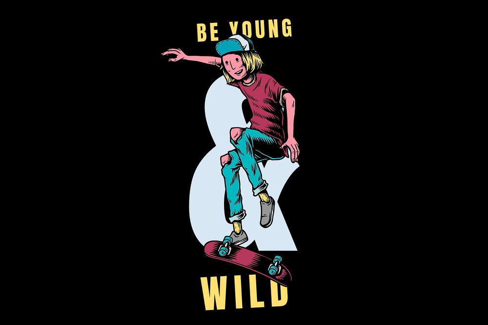 Be young & wild text, retro man skateboarding illustration, editable design