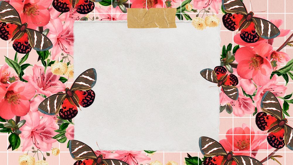 Pink butterfly frame desktop wallpaper, note paper collage, editable design