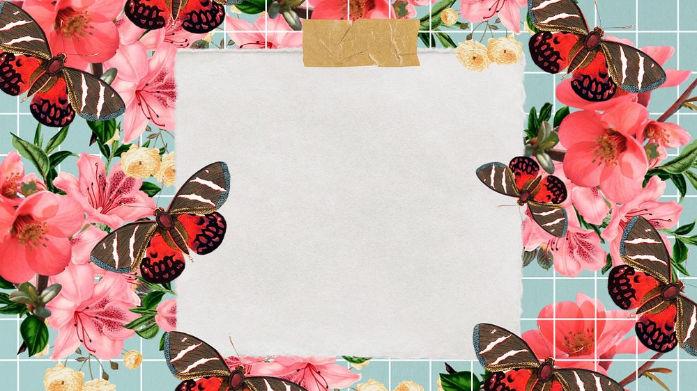 Pink butterfly frame desktop wallpaper, note paper collage, editable design