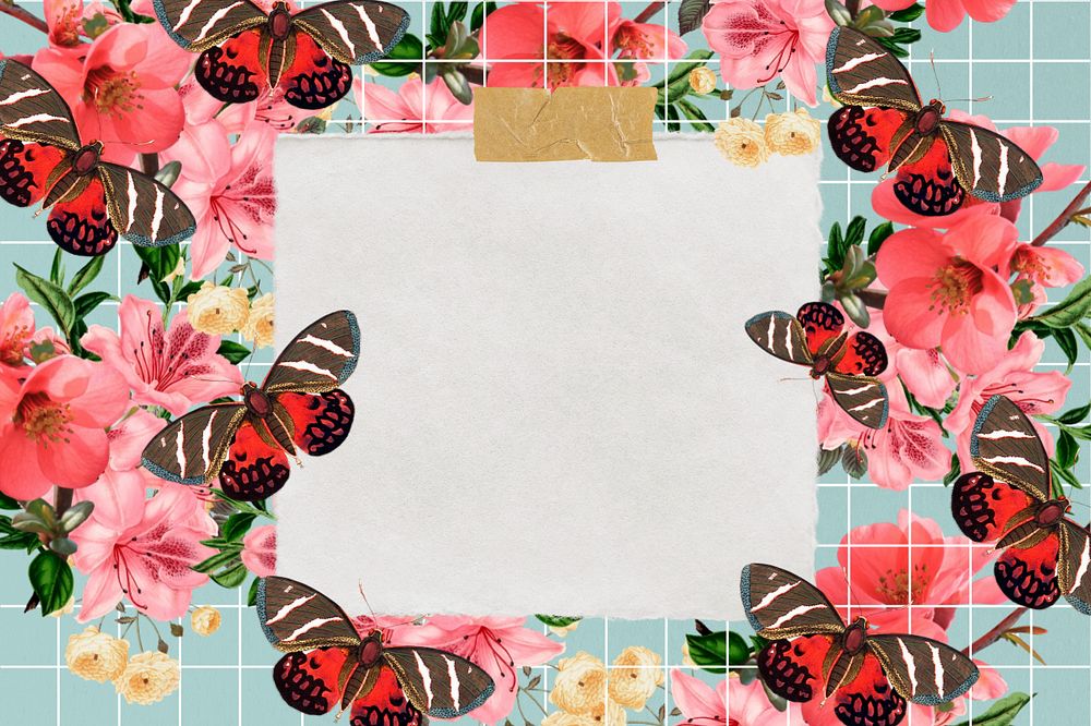 Pink butterfly frame, note paper collage, editable design