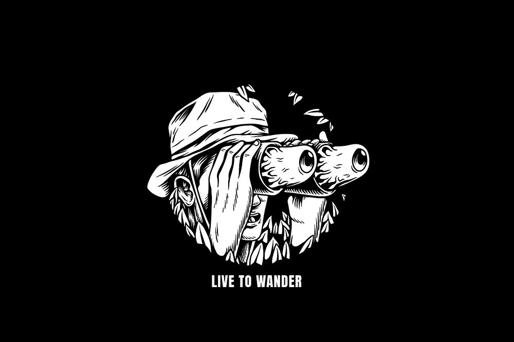Man with binoculars illustration, live to wander text, editable design