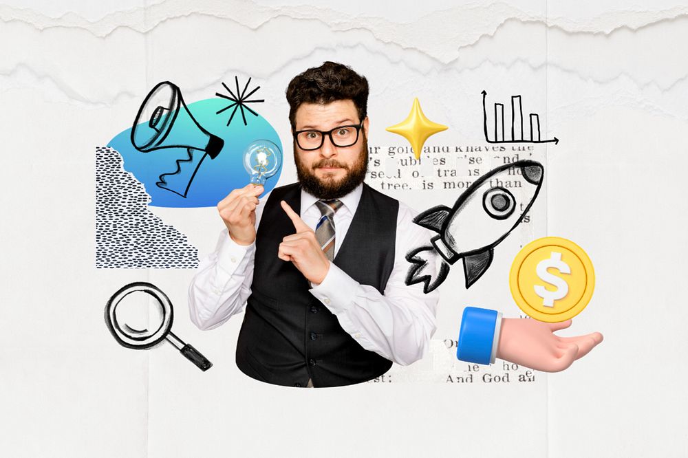 Man holding light bulb, business strategy doodle remix, editable design
