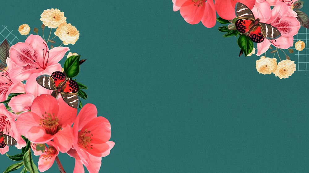 Green azalea frame computer wallpaper, Chinese quince & butterfly border, editable design