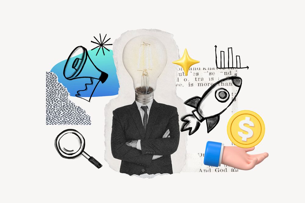 Bulb-head businessman, business doodle remix, editable design