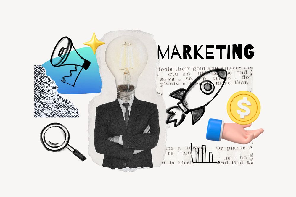 Marketing word, bulb-head businessman remix, editable design