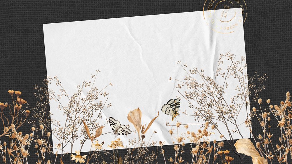 Autumn aesthetic frame desktop wallpaper, leaf branches and butterfly collage, editable design