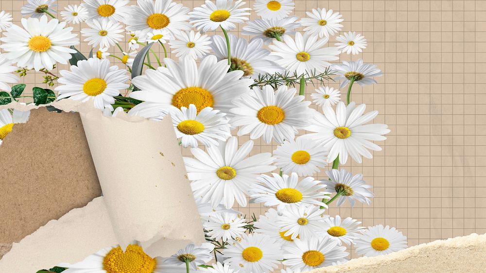 Ripped paper daisy HD wallpaper, grid patterned background, editable design