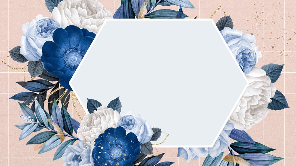 Winter flower frame desktop wallpaper, blue botanical background, editable design