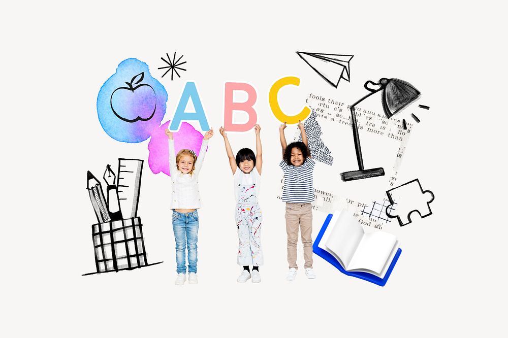 Children holding alphabets, education doodle remix, editable design