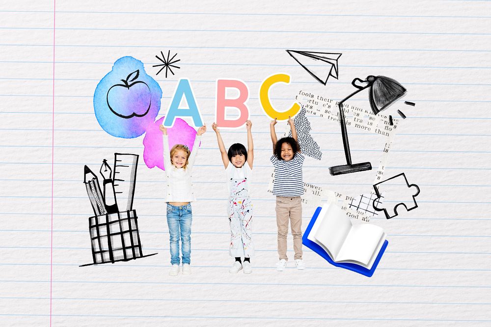 Children holding alphabets, education doodle remix, editable design