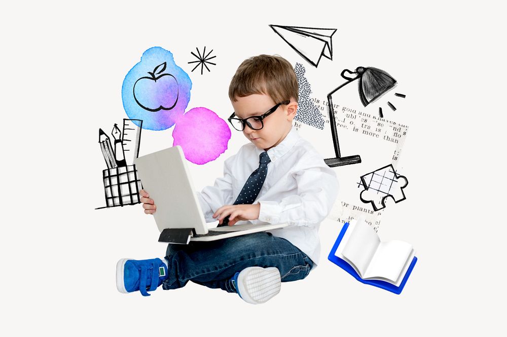 Boy using laptop, education doodle remix, editable design