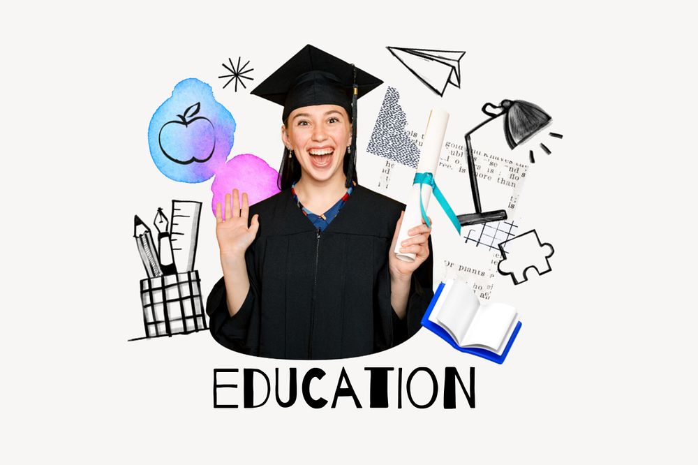 Education word, cheerful graduate woman remix, editable design