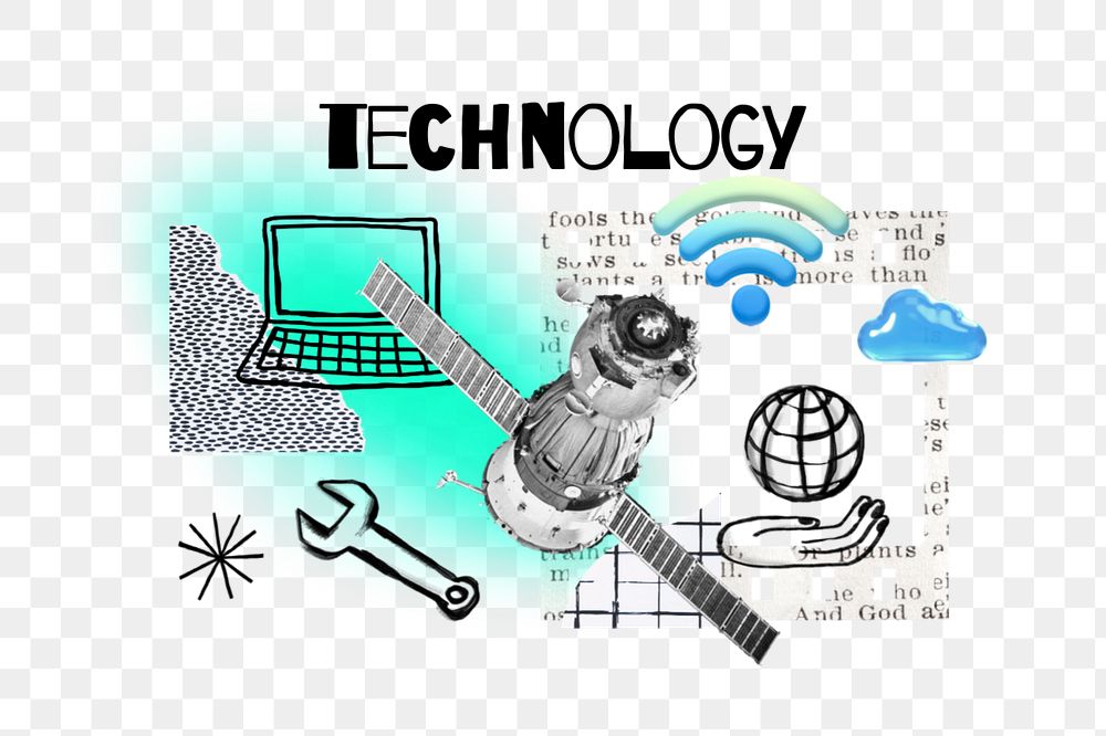 Technology word png, communication satellite remix, editable design