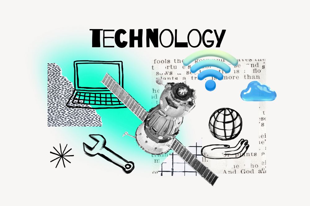 Technology word, communication satellite remix, editable design