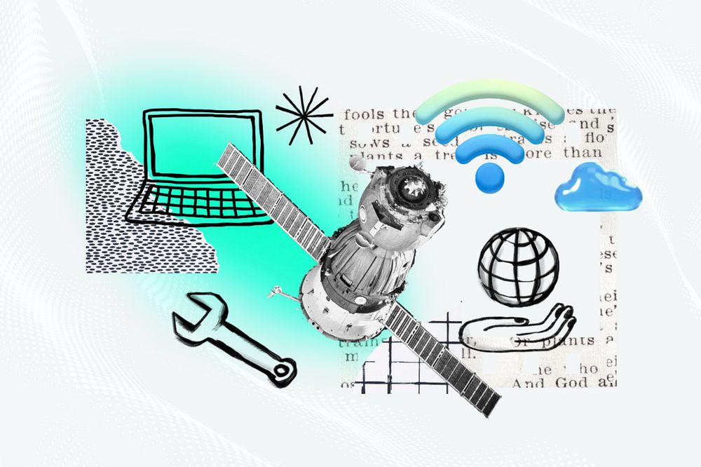 Communication satellite, technology doodle remix, editable design