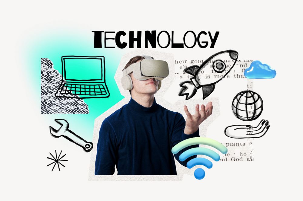 Technology word, man using VR remix, editable design