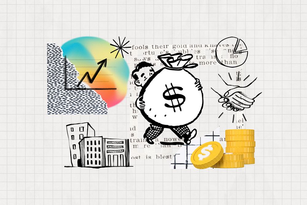 Man carrying money bag, finance doodle remix, editable design