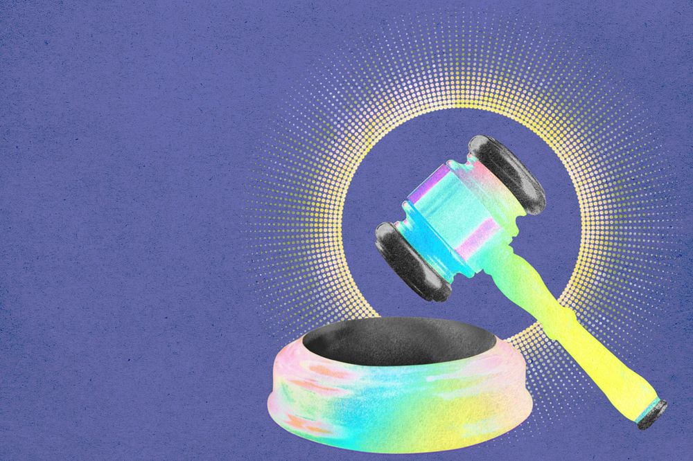 Editable gradient gavel, judgement collage remix