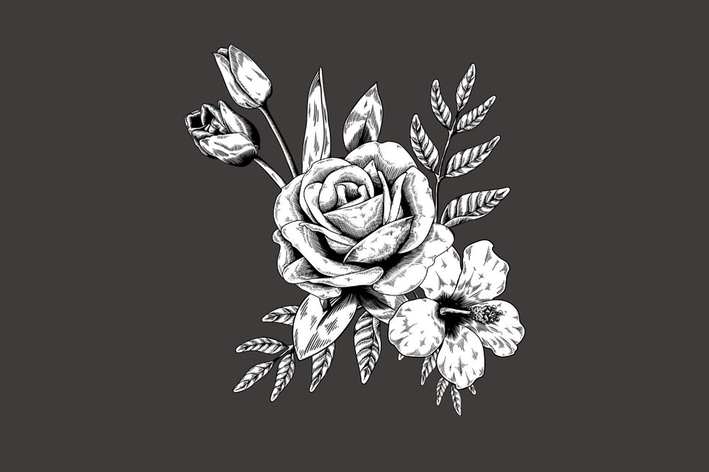 Vintage rose flower png element, black & white illustration, editable design