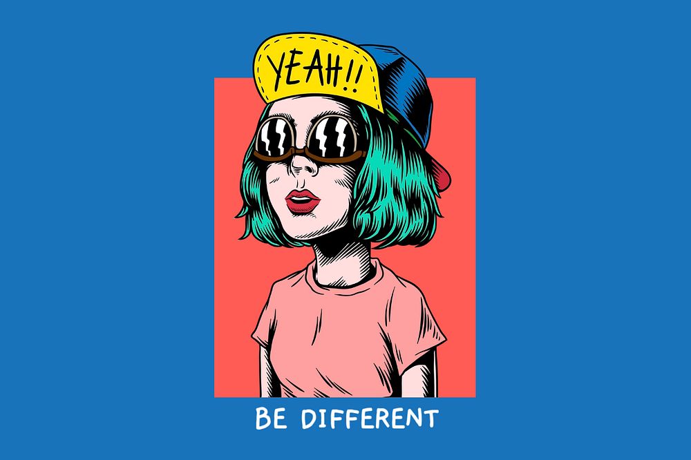 Be different text, retro cool girl illustration, editable design