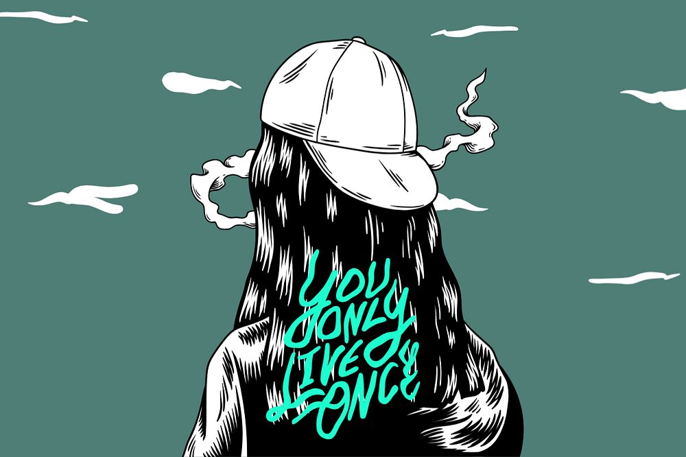 You only live once text, retro girl smoking illustration, editable design