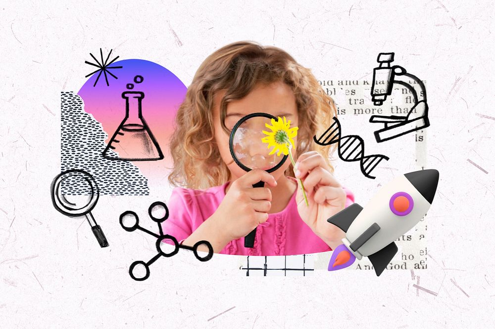 Girl using magnifying glass, science doodle remix, editable design