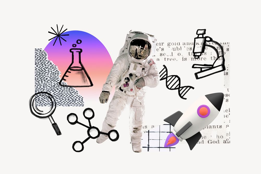 Floating astronaut, science doodle remix, editable design