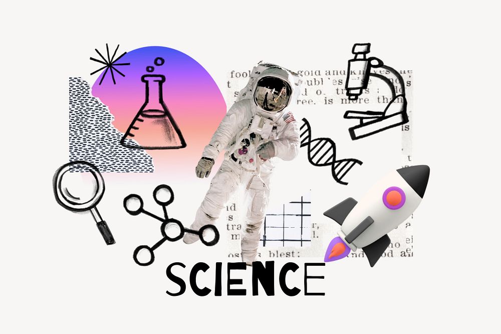 Science word, floating astronaut remix, editable design