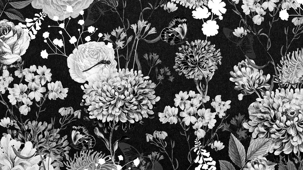 Vintage flower computer wallpaper, black and white background, editable design